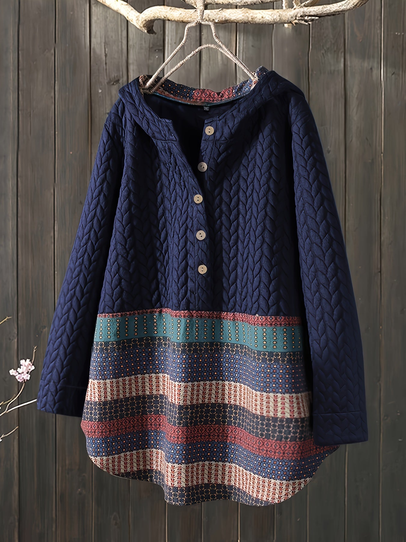 vlovelaw Tribal Print Long Sleeve Hooded Padded Jacket, Casual Button Front Loose Hem Outerwear, Women's Clothing