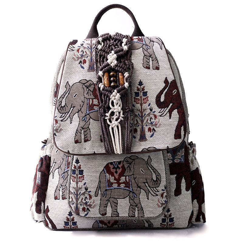Women's Bag Backpack Canvas Bag Hand-Woven Elephant Printed Backpack New All-Match Travel Backpack Wholesale