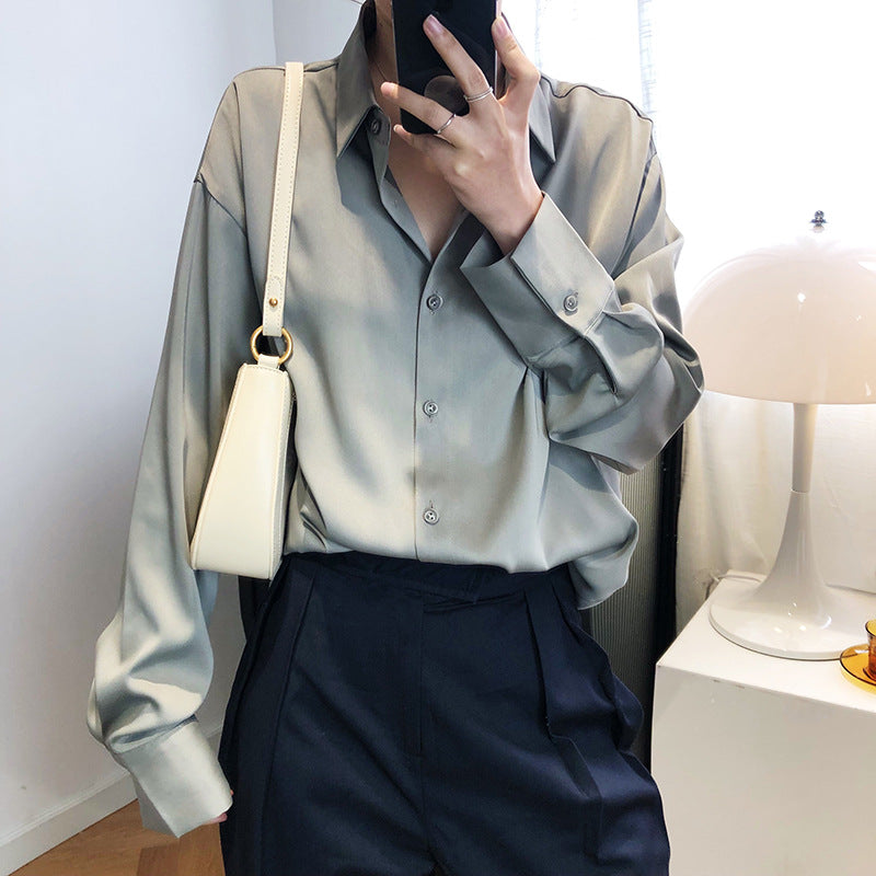 Luxi, satin chiffon shirt women's spring and autumn design sense niche light and ripe solid color drape satin top 630