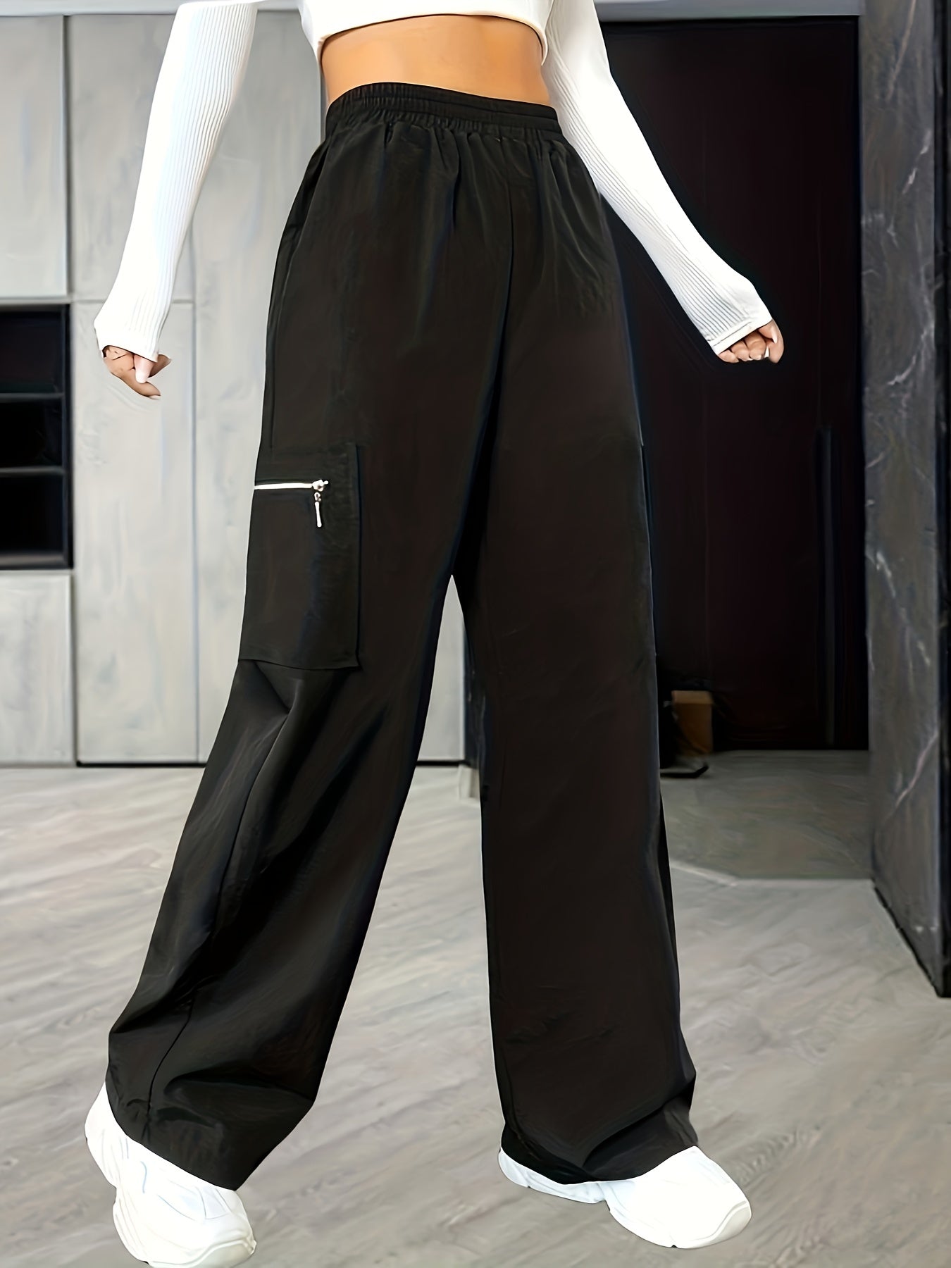 Solid Color Wide Leg Cargo Pants, Casual Loose Pocket Pants For Spring & Summer, Women's Clothing