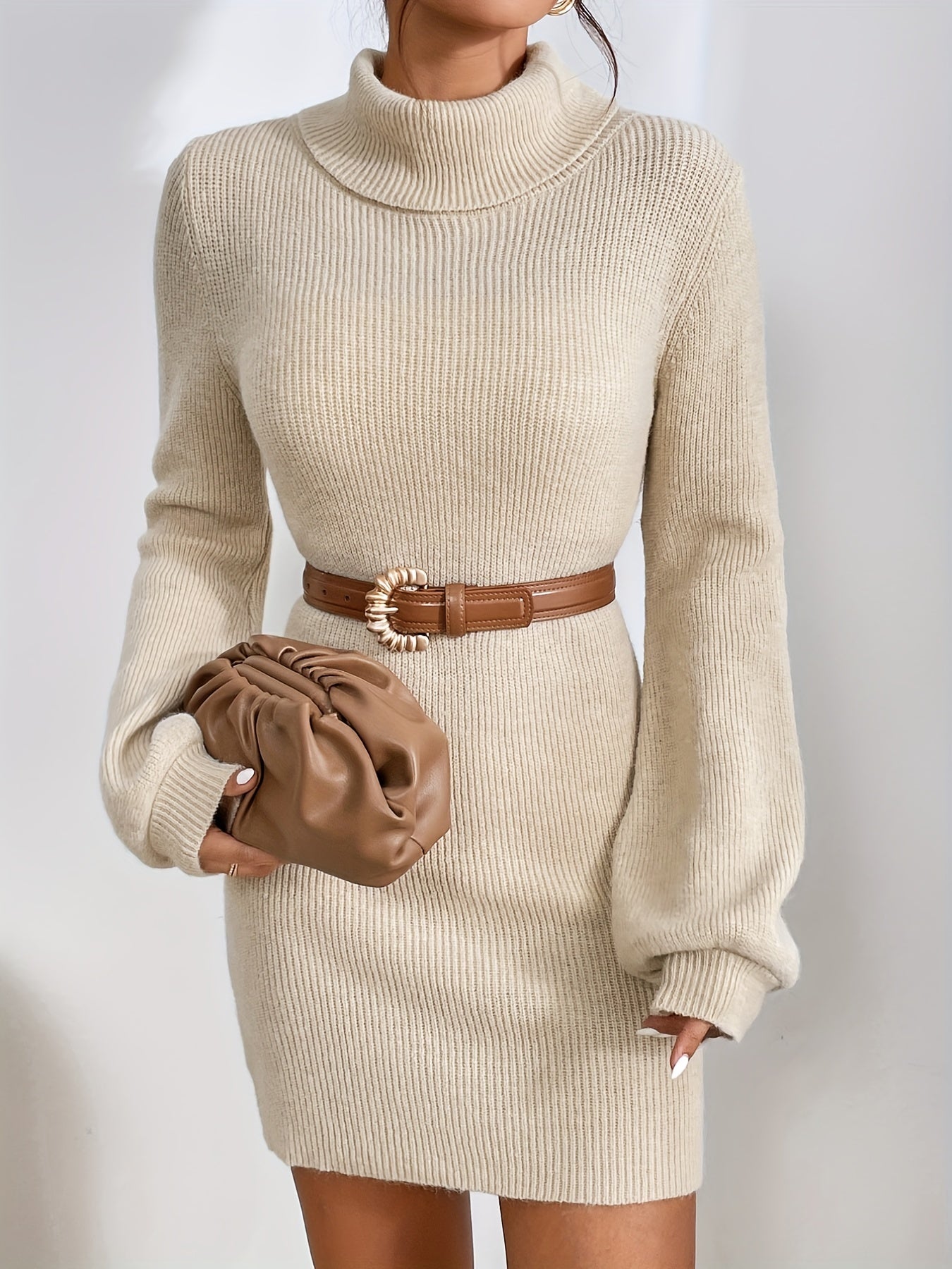 vlovelaw Turtleneck Solid Bodycon Dress, Casual Long Sleeve Simple Dress, Women's Clothing