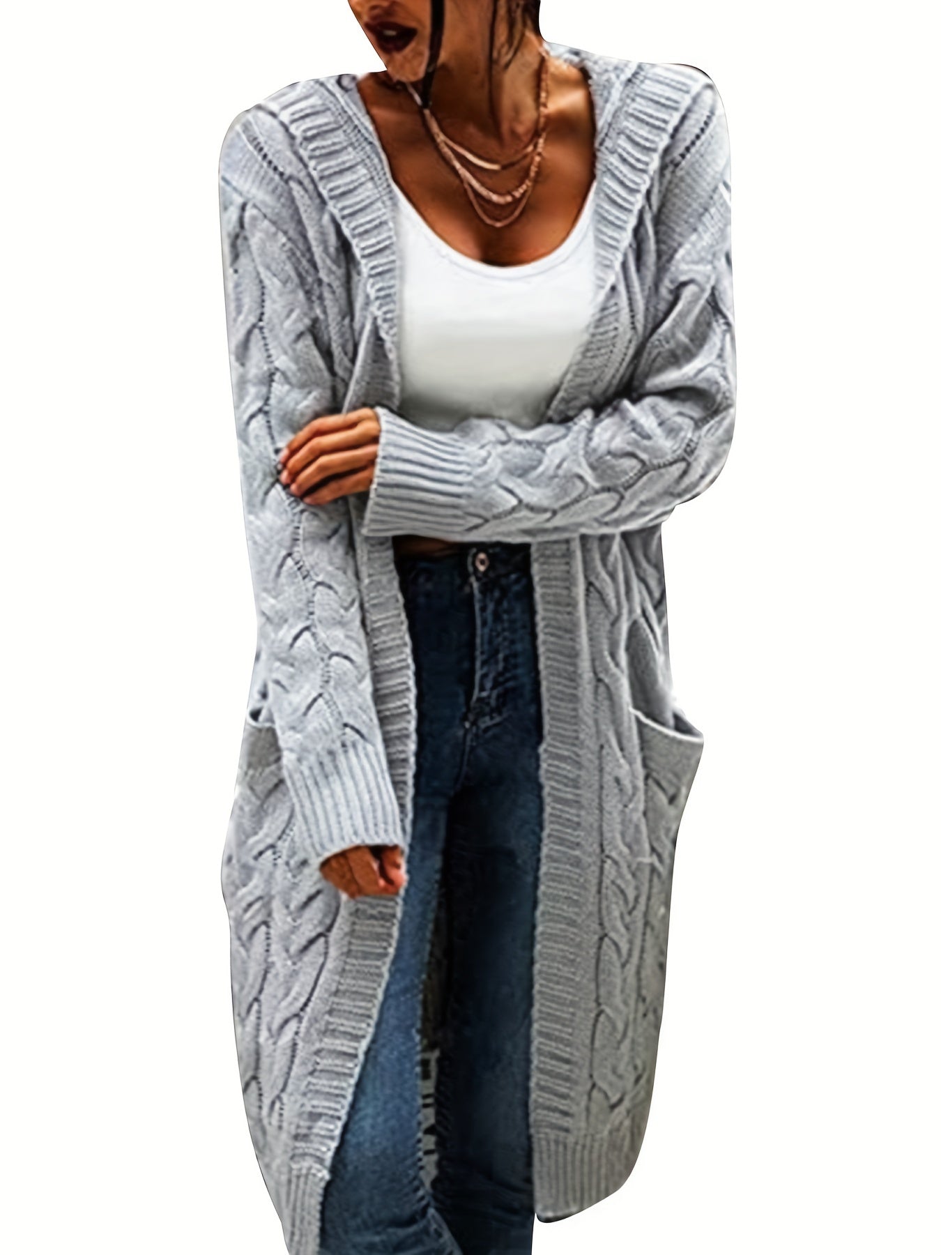 vlovelaw Solid Twisted Knitted Hooded Cardigans, Casual Long Sleeve Cardigan For Fall & Winter, Women's Clothing