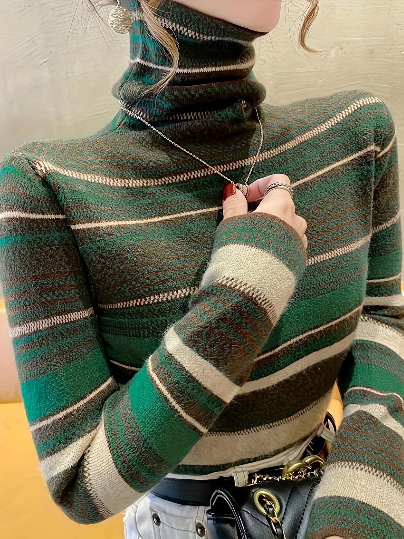 vlovelaw Stripes Print Turtle Neck Pullover Sweater, Elegant Long Sleeve Knitted Sweater For Fall & Winter, Women's Clothing