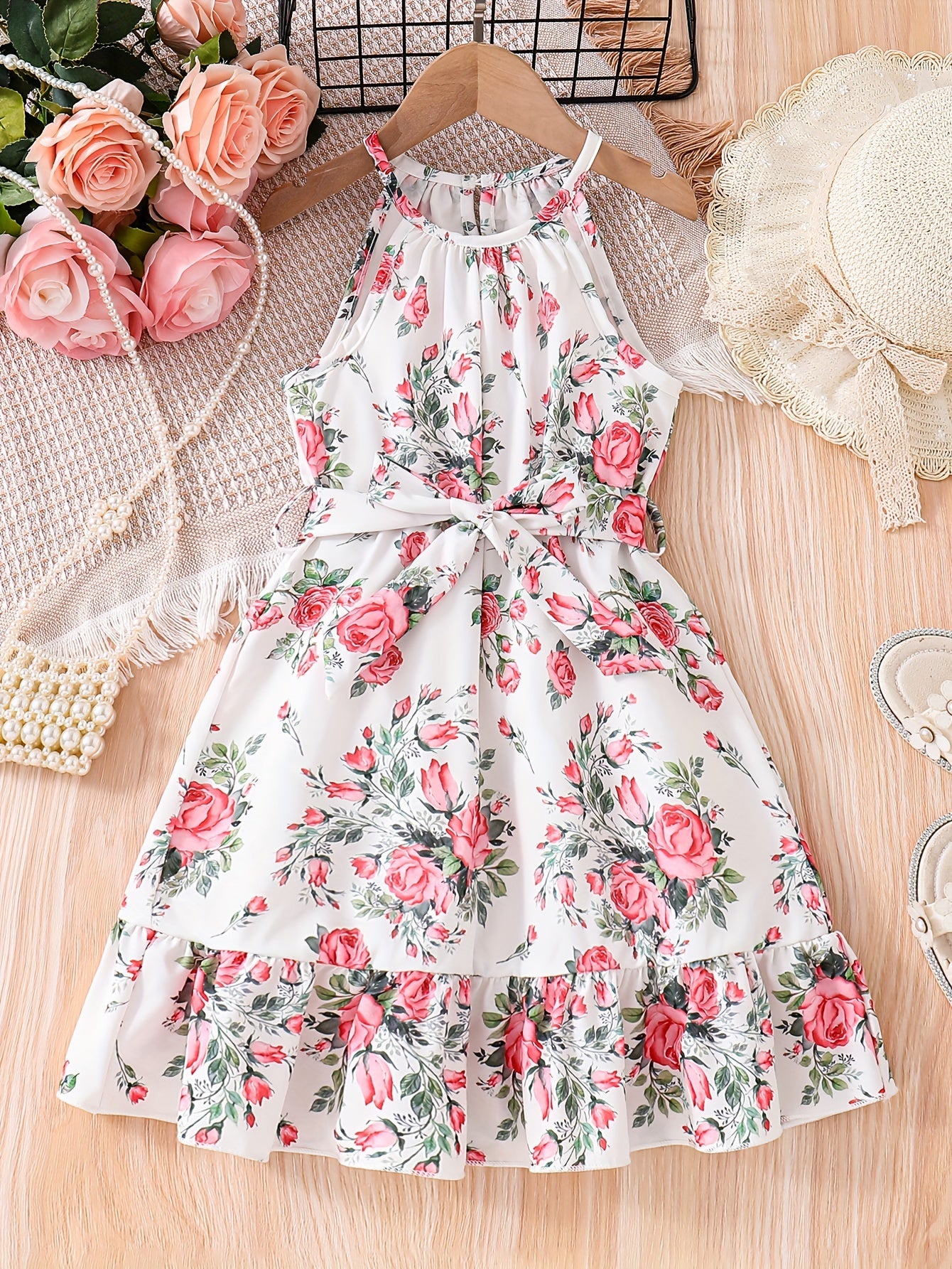 Adorable Vintage-Inspired Girls Floral Halter Dress - Flowy & Breathable for Summer Holidays, Perfect Festive Party Wear & Gift Idea