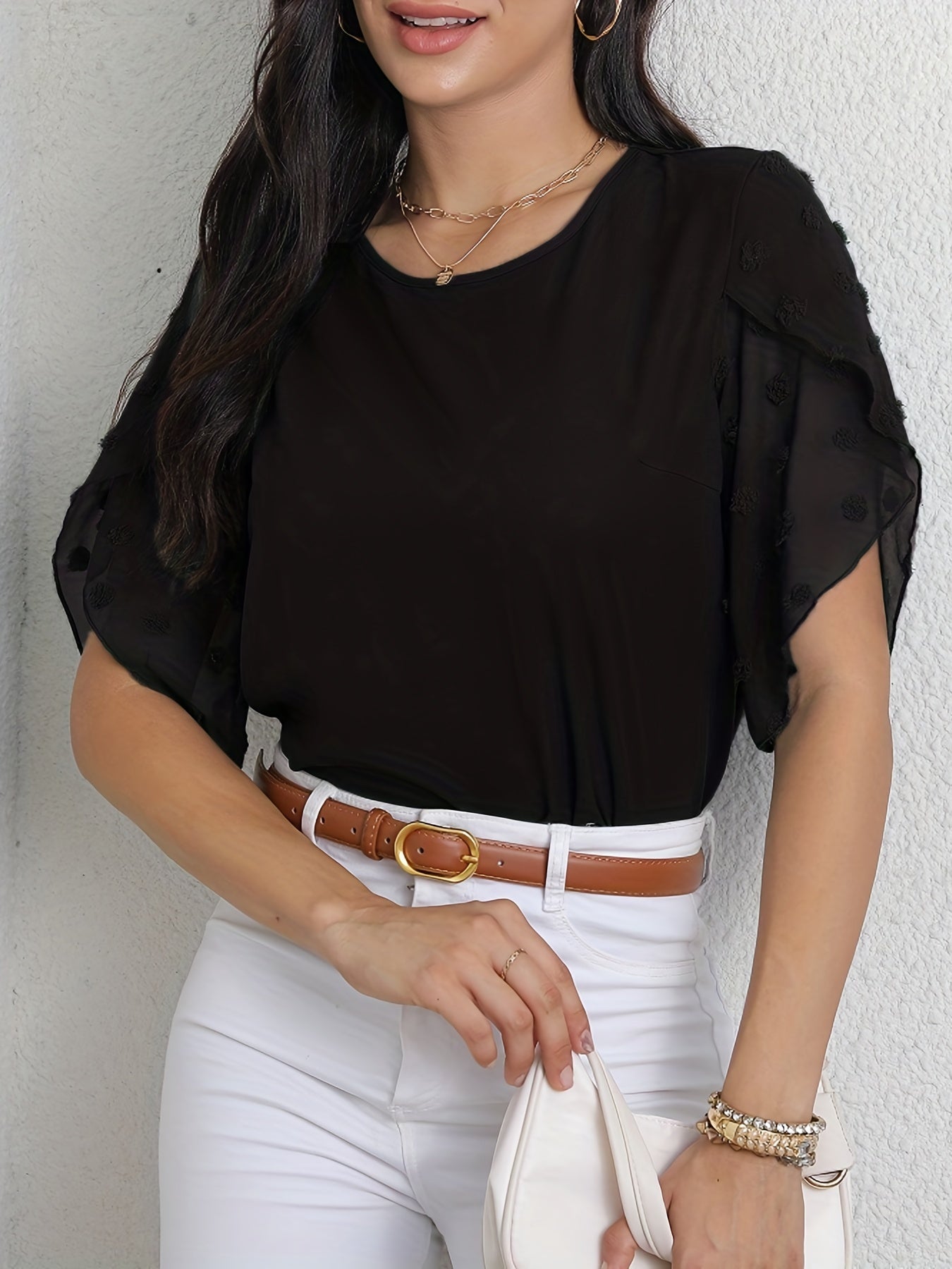 vlovelaw Swiss Dot Half Sleeve Blouse, Casual Solid Crew Neck Summer Blouse, Women's Clothing