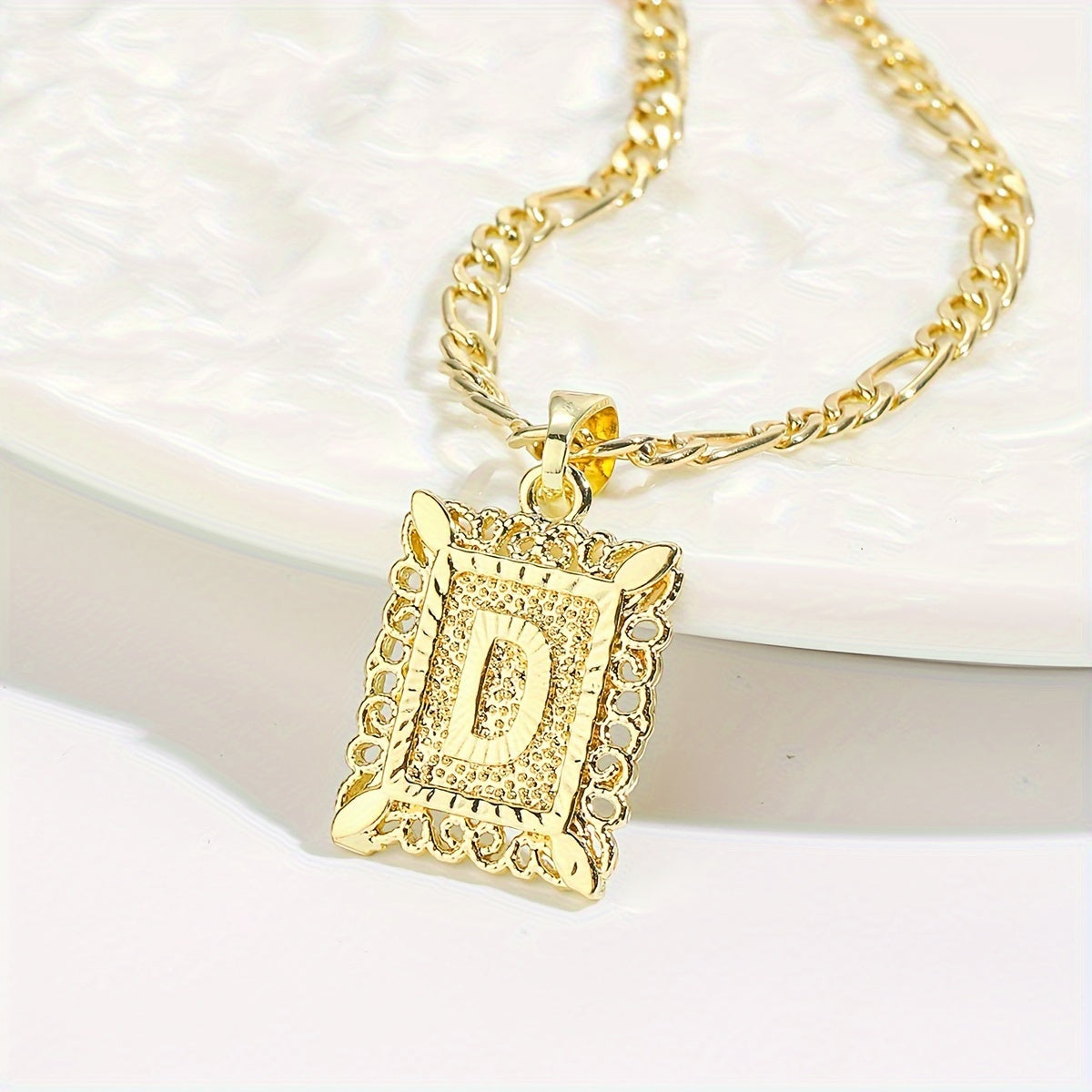 18K Gold Plated Square Monogram Pendant Necklace - Fashionable Personalized Alphabet Letter A-Z Figaro Chain Necklace for Men and Women - Copper Material, No Magnetic, No Mosaic, Plating-Free, Stylish Jewelry for Any Occasion