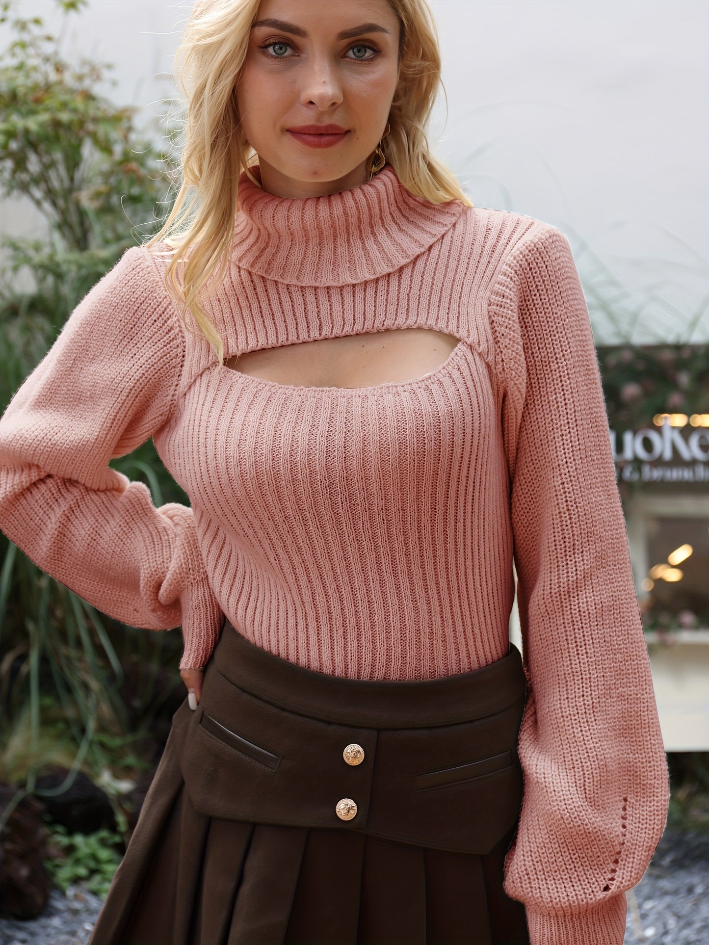 vlovelaw Sexy High Neck Sweater, Long Sleeve Sexy Cut Out Casual Sweater For Spring & Fall, Women's Clothing