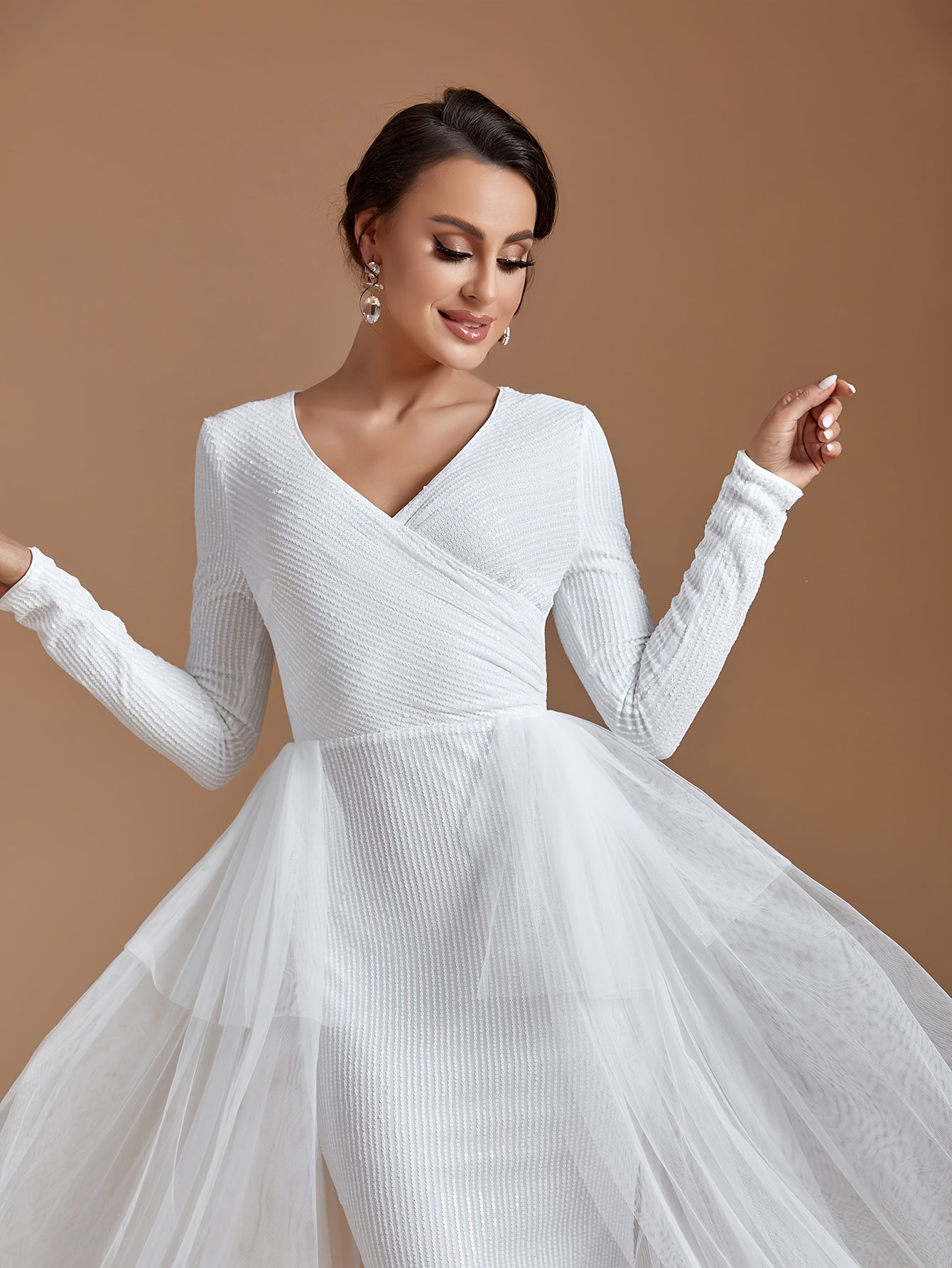 vlovelaw Mesh Panel Sequin Tiered Dress, Long Sleeve V Neck Mermaid Wedding Dress, Women's Clothing