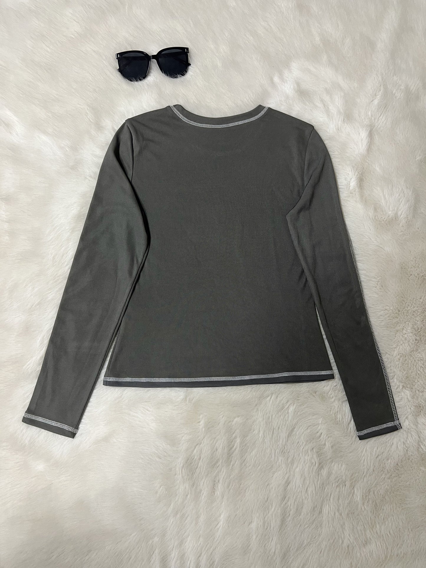 Letter Print Top-stitching T-Shirt, Y2K Long Sleeve Slim T-Shirt For Spring & Fall, Women's Clothing