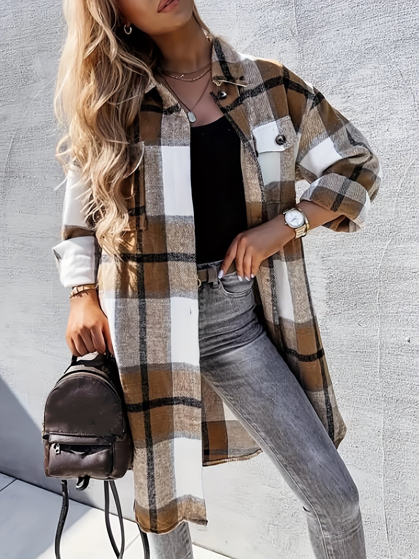 vlovelaw Plaid Print Long Length Jacket, Casual Button Front Flap Pockets Outwear, Women's Clothing