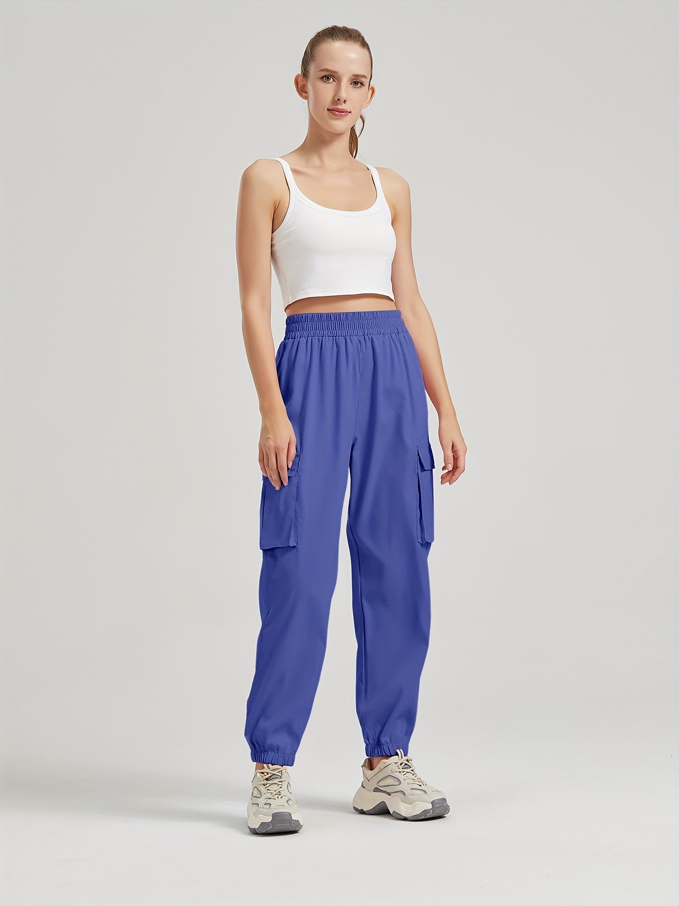 vlovelaw Solid Color Casual Joggers Sweatpant, Cargo Loose High Waisted Pants With Pockets, Women's Athleisure