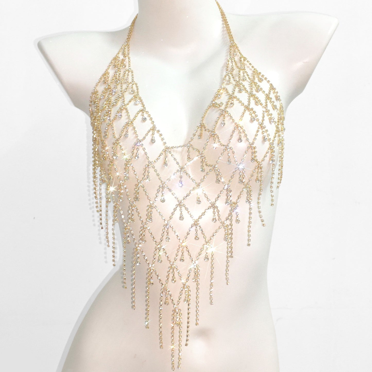vlovelaw Halter Backless Hollow Out Crop Top Body Chain Inlaid Shiny Rhinestone Temperament Body Chain Accessories