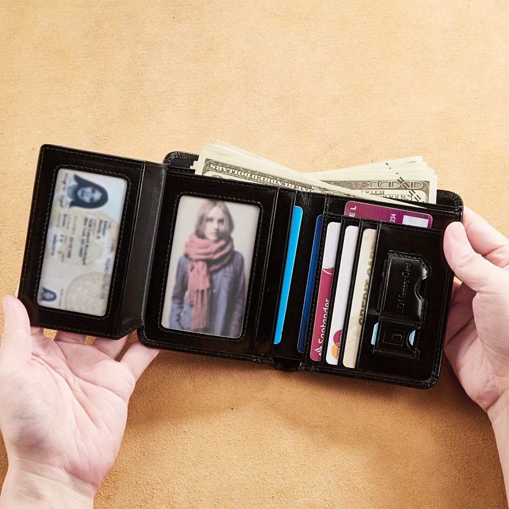 1pc Vintage-Style Top Grain Cowhide Leather Wallet - RFID Blocking, Slim Bifold, Multifunctional Trifold, 9 Card Slots, 2 Cash Compartments, Retro Wax Finish, Solid Color, Non-Braided Weaving, Perfect Gift for Him