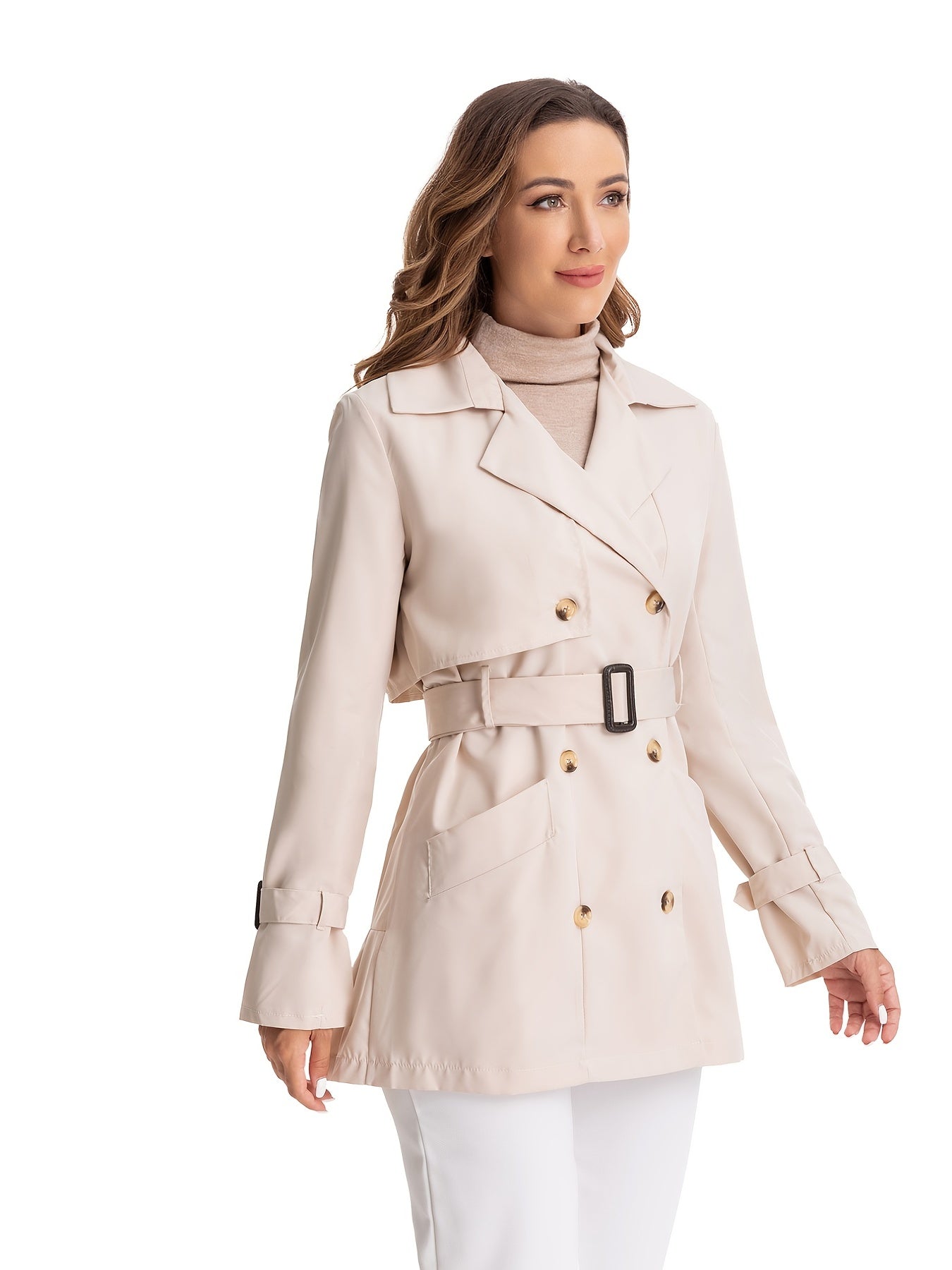 vlovelaw Double Breasted Long Trench Coat, Long Sleeve Windproof Classic Lapel Slim Belted Outerwear, Women's Clothing