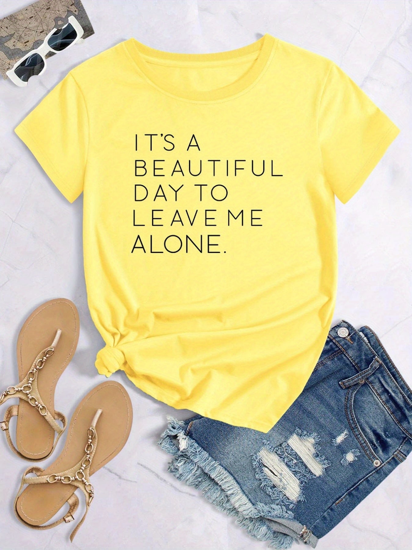 vlovelaw Casual Leave Me Alone Print Crew Neck T-shirt, Loose Short Sleeve Fashion Summer T-Shirts Tops, Women's Clothing