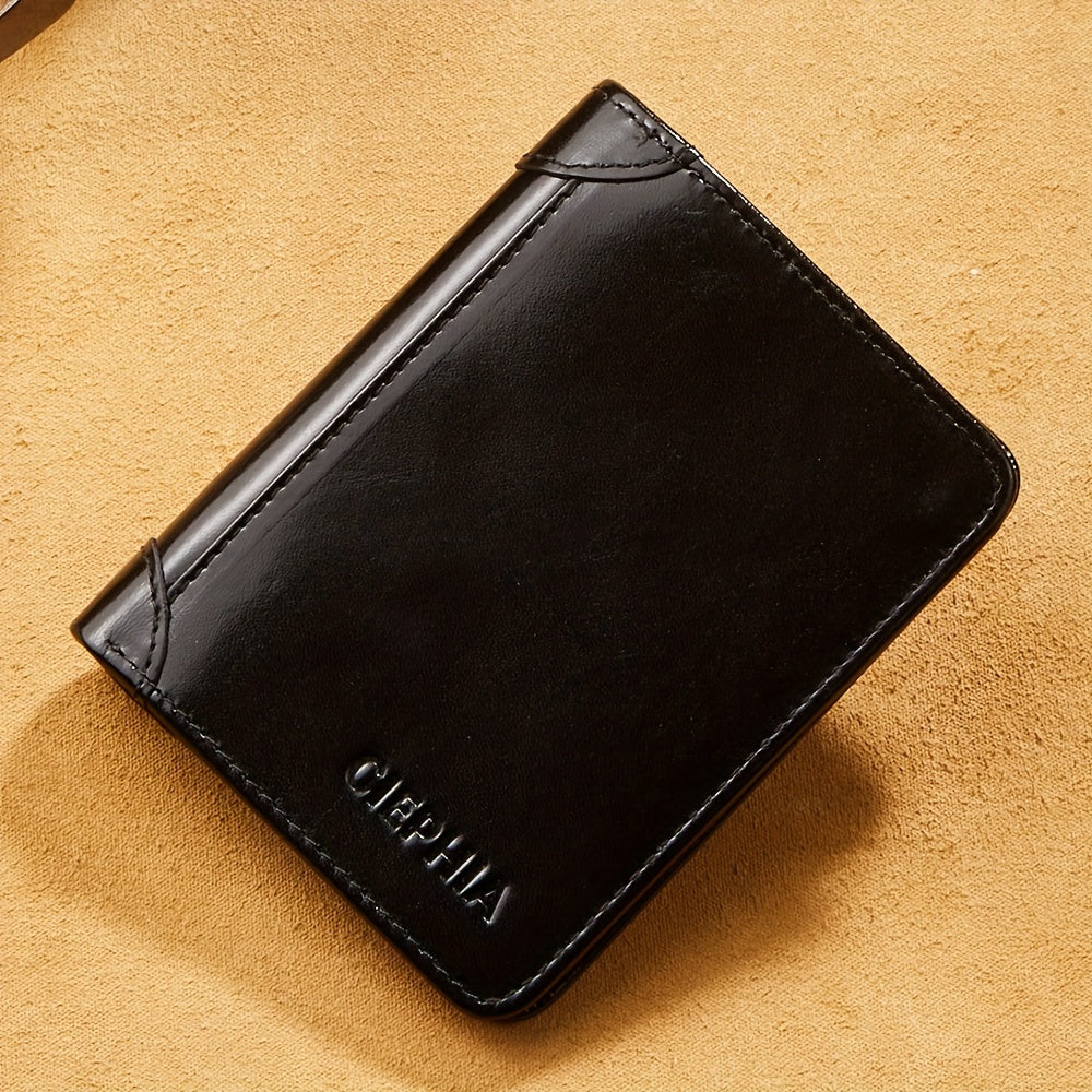 1pc Vintage-Style Top Grain Cowhide Leather Wallet - RFID Blocking, Slim Bifold, Multifunctional Trifold, 9 Card Slots, 2 Cash Compartments, Retro Wax Finish, Solid Color, Non-Braided Weaving, Perfect Gift for Him