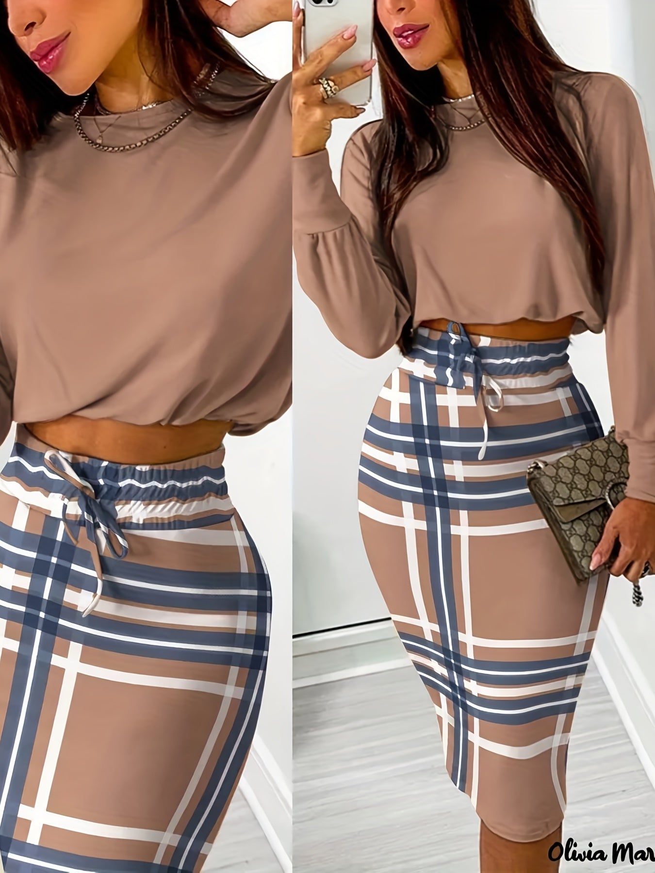 vlovelaw Casual Stylish Two-piece Set, Solid Long Sleeve Tops & Plaid Print Drawstring Midi Skirts Outfits, Women's Clothing