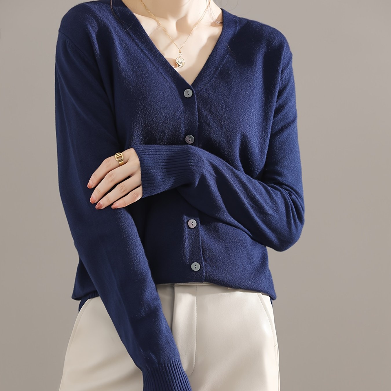 Elegant V-neck Solid Cardigan, Long Sleeve Cardigan For Spring & Fall, Women's Clothing