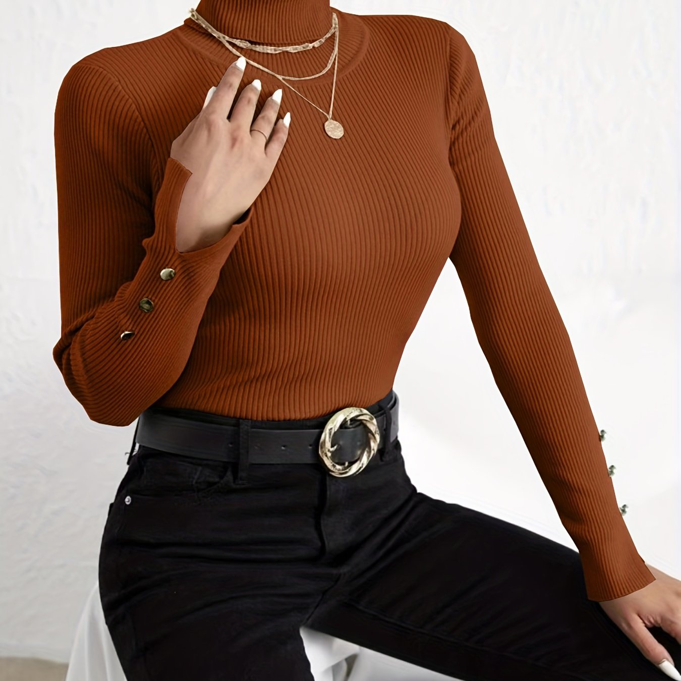 vlovelaw Solid Turtle Neck Slim Pullover Sweater, Casual Long Sleeve Fake Button Sweater For Fall & Winter, Women's Clothing