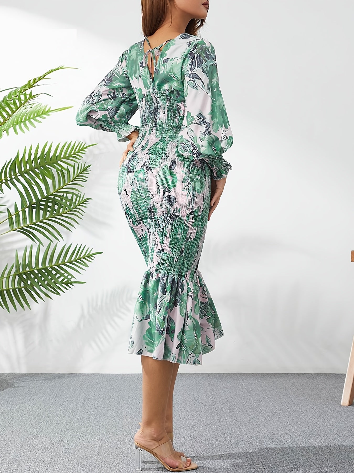 vlovelaw Elegant V-neck Ruffled Bodycon Long Dress, Long Sleeve Print Waist Summer Slim Dresses, Women's Clothing