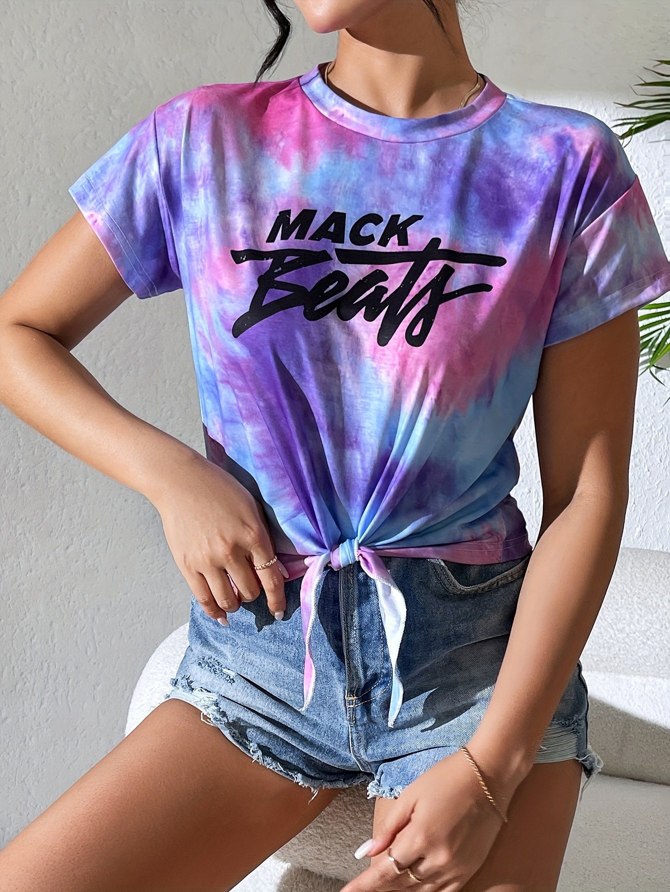 Tie Dye & Letter Print T-shirt, Casual Short Sleeve Knot Front Top For Spring & Summer, Women's Clothing