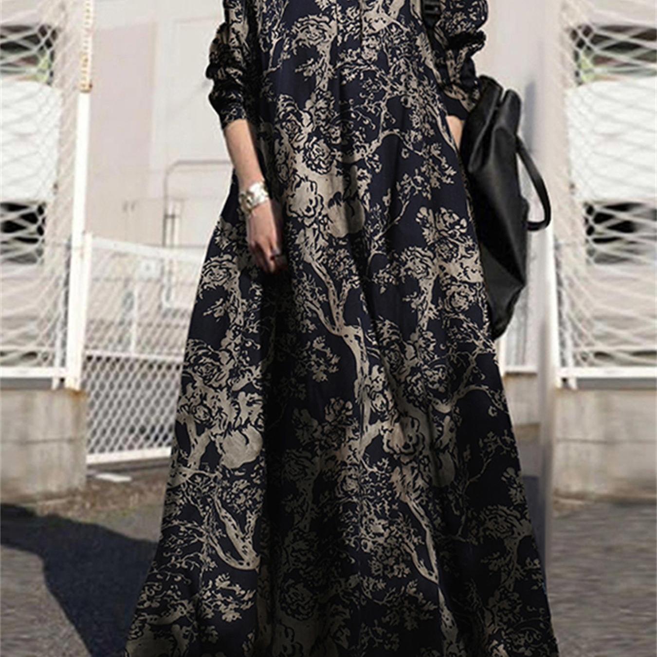 vlovelaw Ethnic Plant Print Oversized Dress, Hidden Pocket Long Sleeve Cotton Vacation Maxi Dress, Women's Clothing