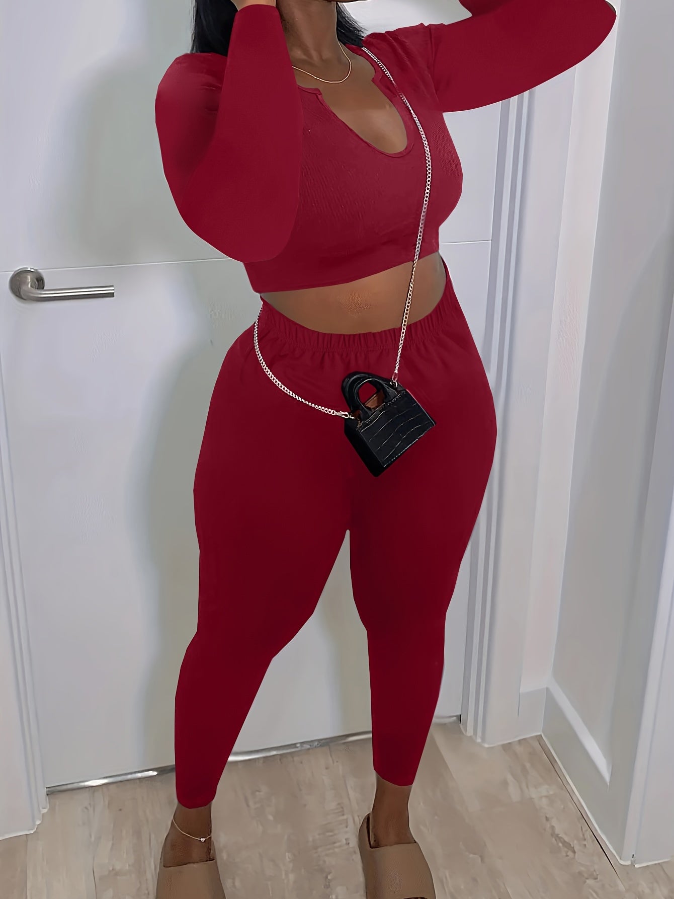 Sexy Matching Two-piece Set, Short Sleeve Crop Top & Skinny Pants Outfits, Women's Clothing