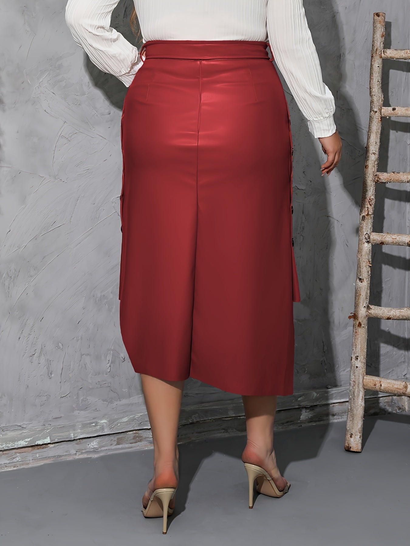 Plus Size Casual Skirt, Women's Plus Solid PU Leather Button Decor High Rise Asymmetric Hem Midi Skirt