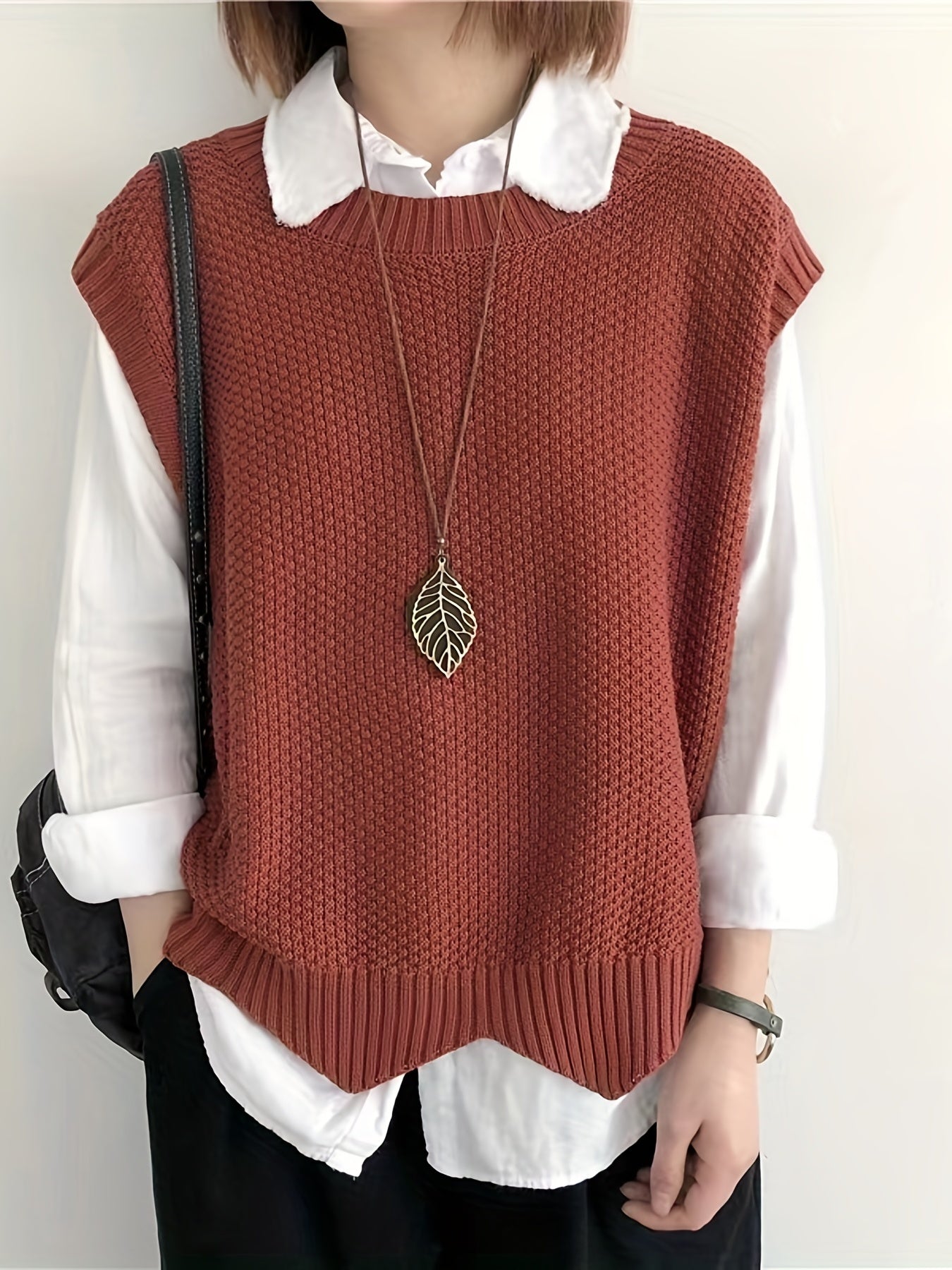vlovelaw vlovelaw Solid Crew Neck Sweater Vest, Casual Sleeveless Vest For Spring & Fall, Women's Clothing