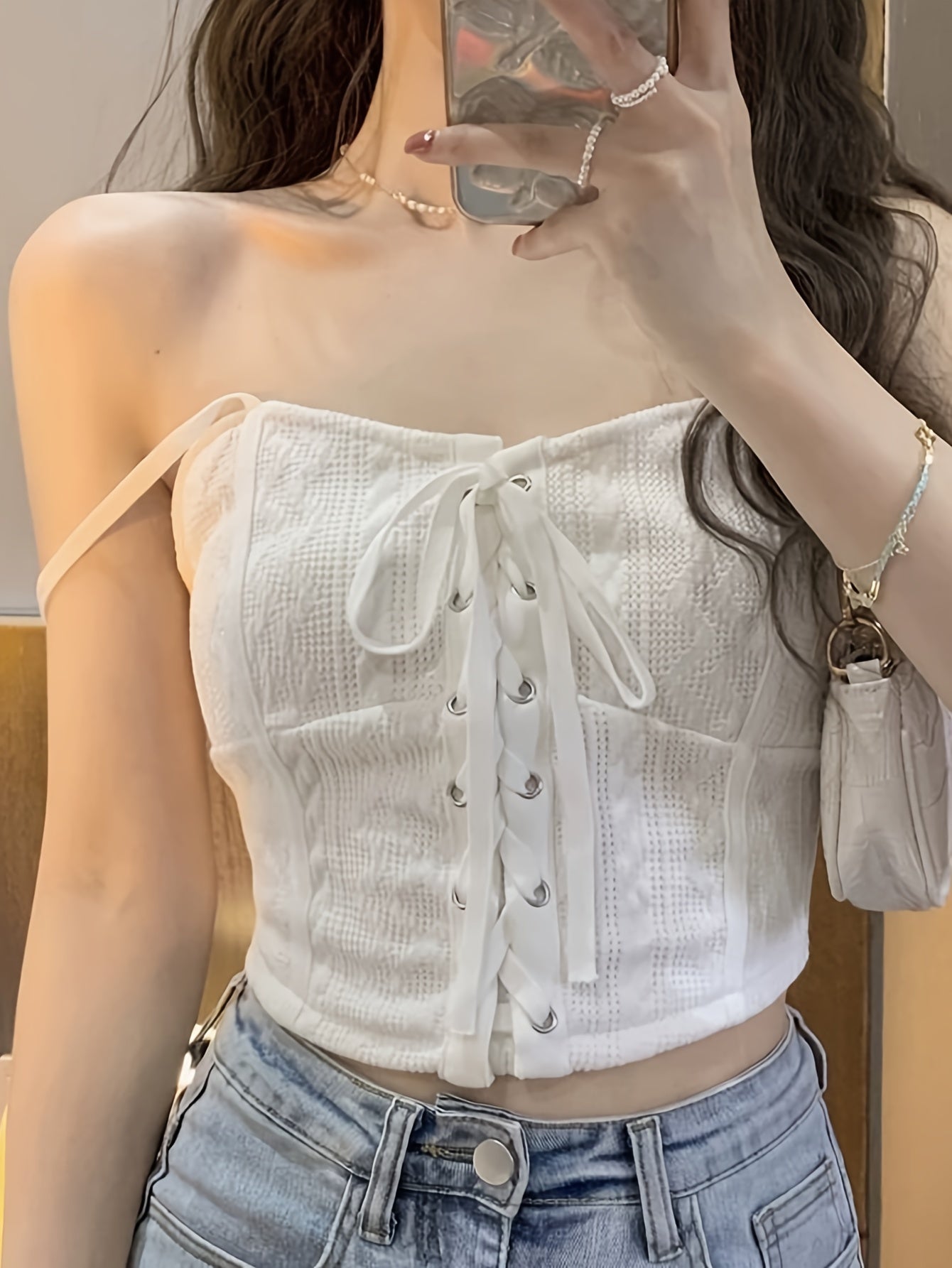 vlovelaw Lace Up Crop Cami Top, Chic Sleeveless Strap Top For Summer, Women's Clothing
