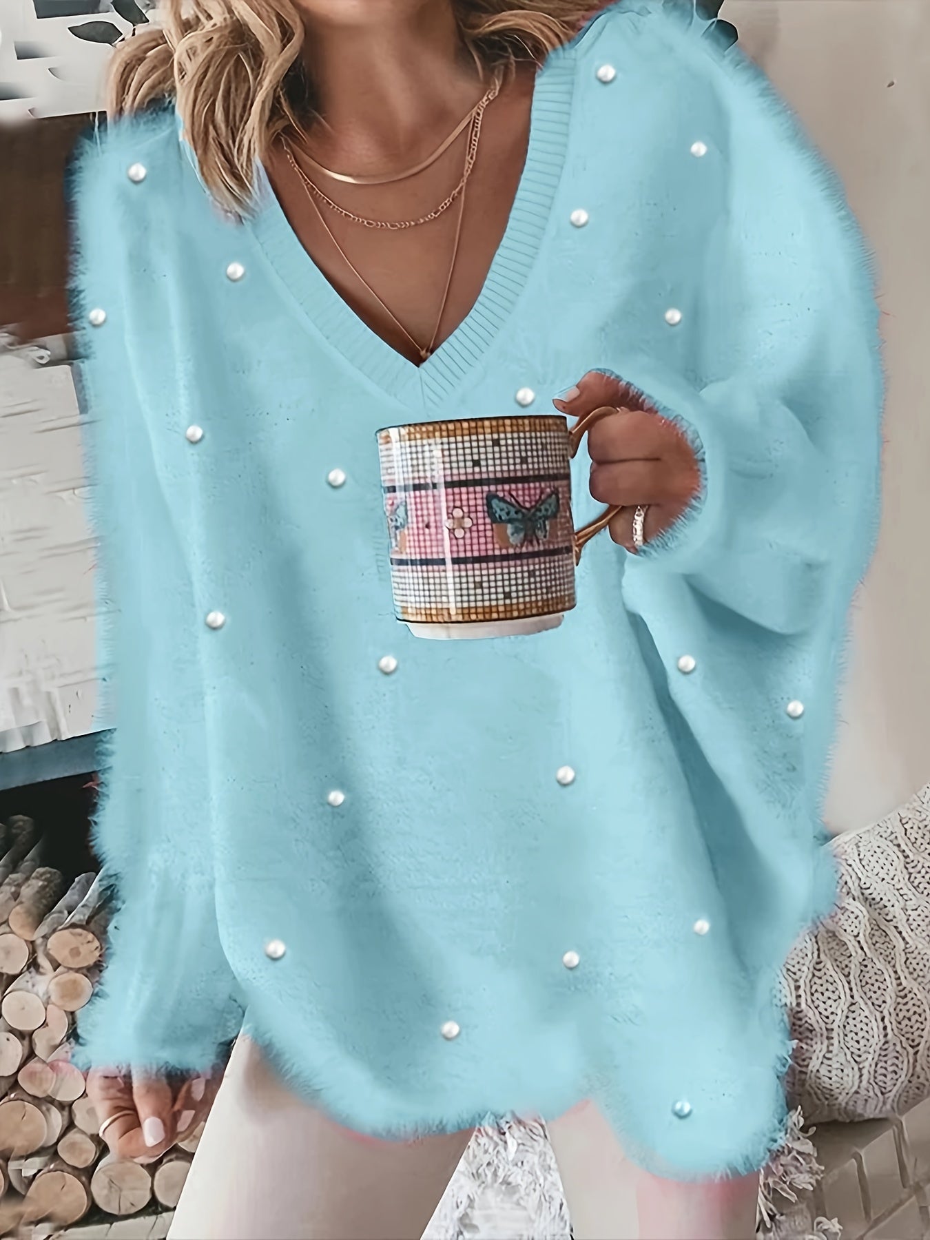 Rhinestone V Neck Fuzzy Sweater, Casual Long Sleeve Loose Sweater, Women's Clothing