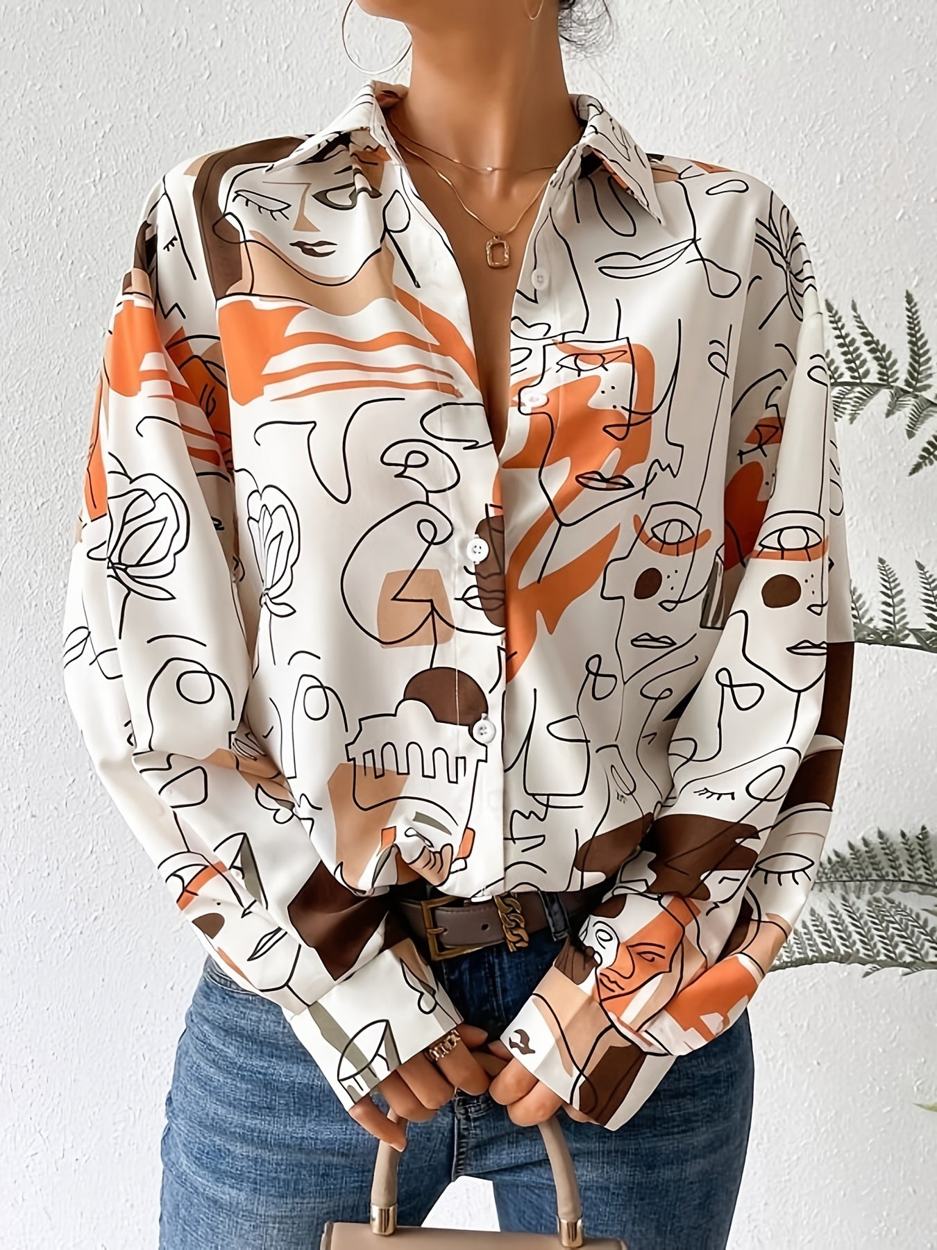 Abstract Graphic Print Shirt, Casual Button Front Long Sleeve Shirt, Women's Clothing