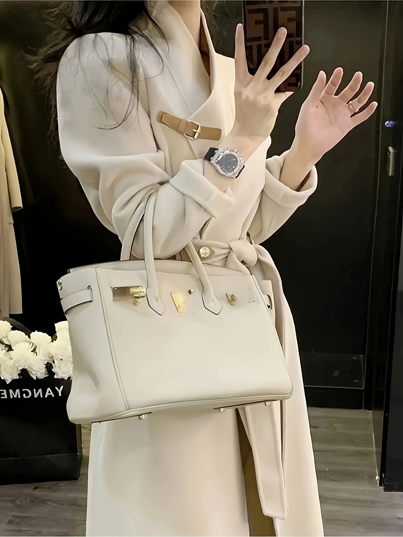 vlovelaw Solid Open Front Overcoat, Elegant Long Sleeve Belted Outwear For Fall & Winter, Women's Clothing