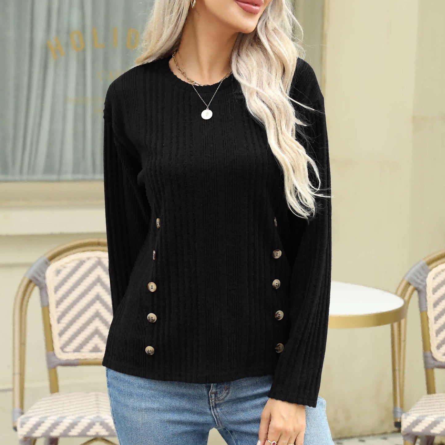 vlovelaw Ribbed Button Decor Crew Neck T-Shirt, Casual Long Sleeve Top For Spring & Fall, Women's Clothing