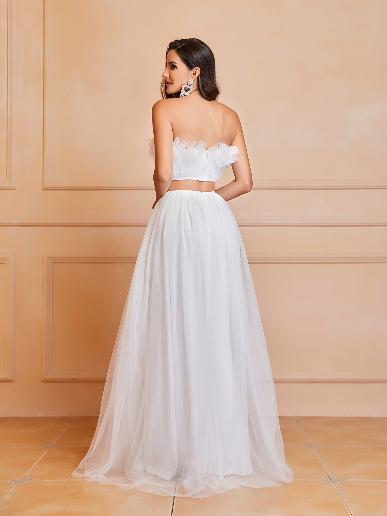 vlovelaw Mesh Ruffle Trim Matching Two-piece Skirt Set, Elegant Crop Sleeveless Tube Top & High Waist Loose Skirt Outfits, Women's Clothing