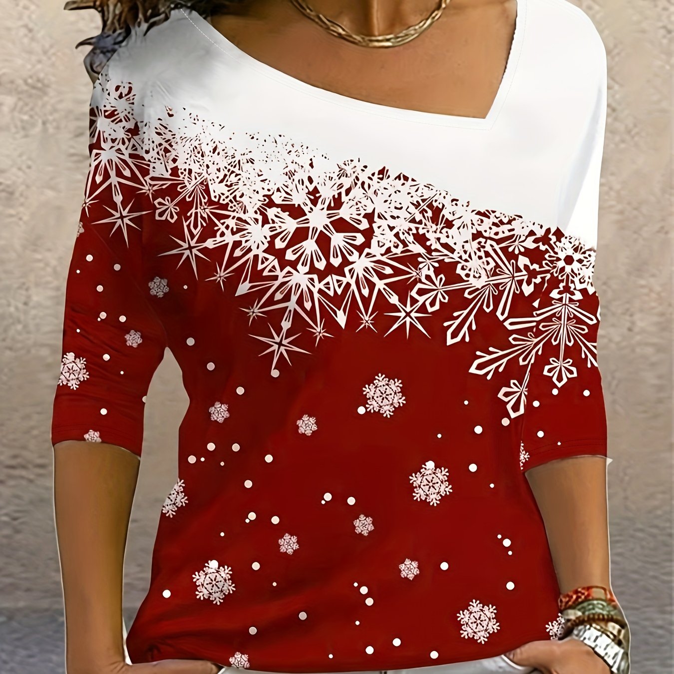 vlovelaw Snowflake Print Slant V Neck T-Shirt, Casual Long Sleeve Top For Spring & Fall, Women's Clothing