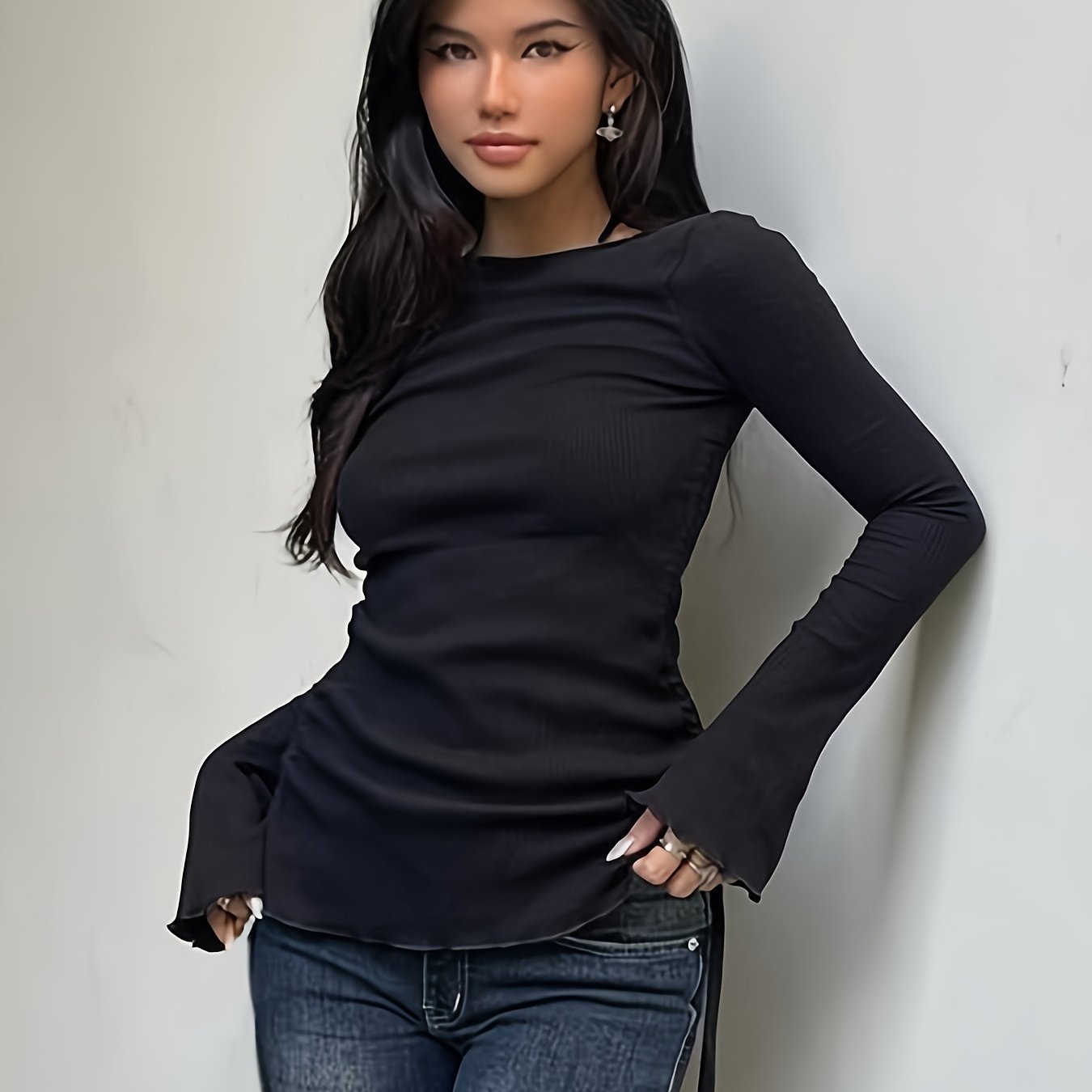 Solid Crew Neck T-shirt, Casual Long Sleeve Ruched Top For Spring & Fall, Women's Clothing