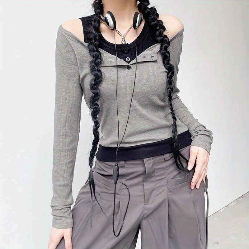 vlovelaw 2 In 1 Ribbed Button Front Crew Neck T-Shirt, Casual Long Sleeve T-Shirt For Spring & Fall, Women's Clothing