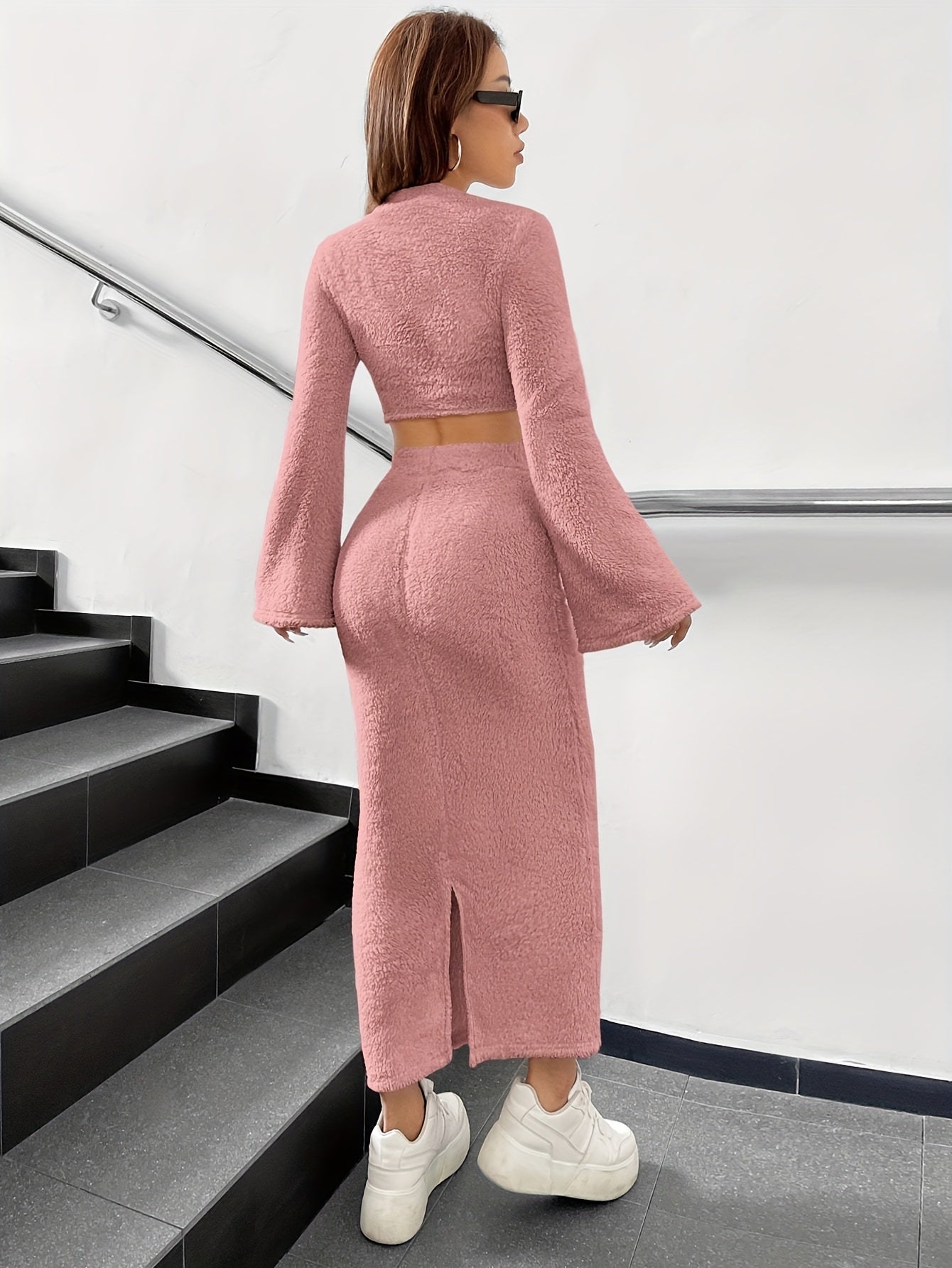 Casual Solid Plush Two-piece Skirt Set, Flare Sleeve Crop Top & Split Hem Skirt Outfits, Women's Clothing