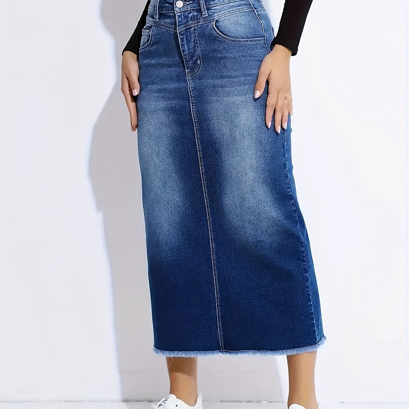 Blue Raw Hem Denim Skirt, High-Stretch Slant Pockets Split Back Denim Midi Skirt, Women's Denim Clothing