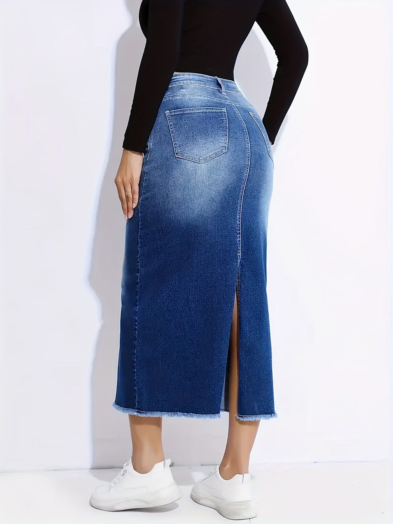 Blue Raw Hem Denim Skirt, High-Stretch Slant Pockets Split Back Denim Midi Skirt, Women's Denim Clothing