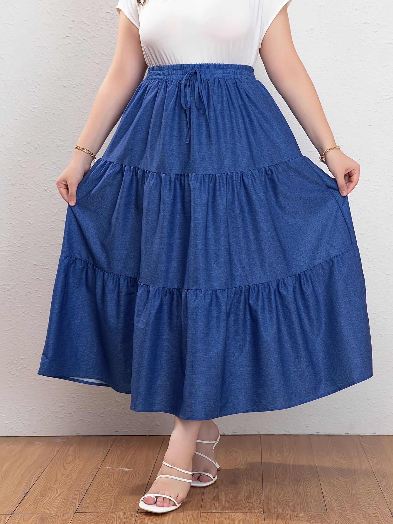 Plus Size Casual Skirt, Women's Plus Denim Print Drawstring Elastic High Rise Smock Skirt