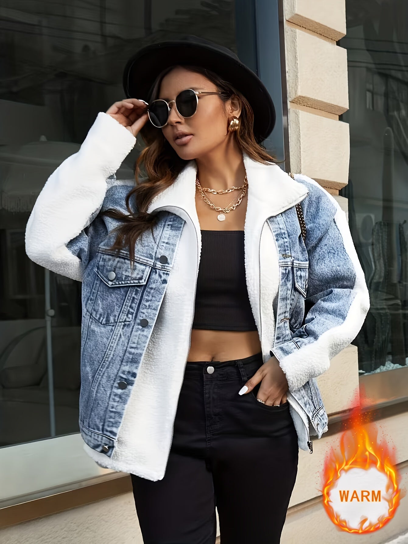 White & Blue Panel Denim Jackets, Furry Drop Shoulder Casual Fluffy Denim Coats, Women's Denim Clothing
