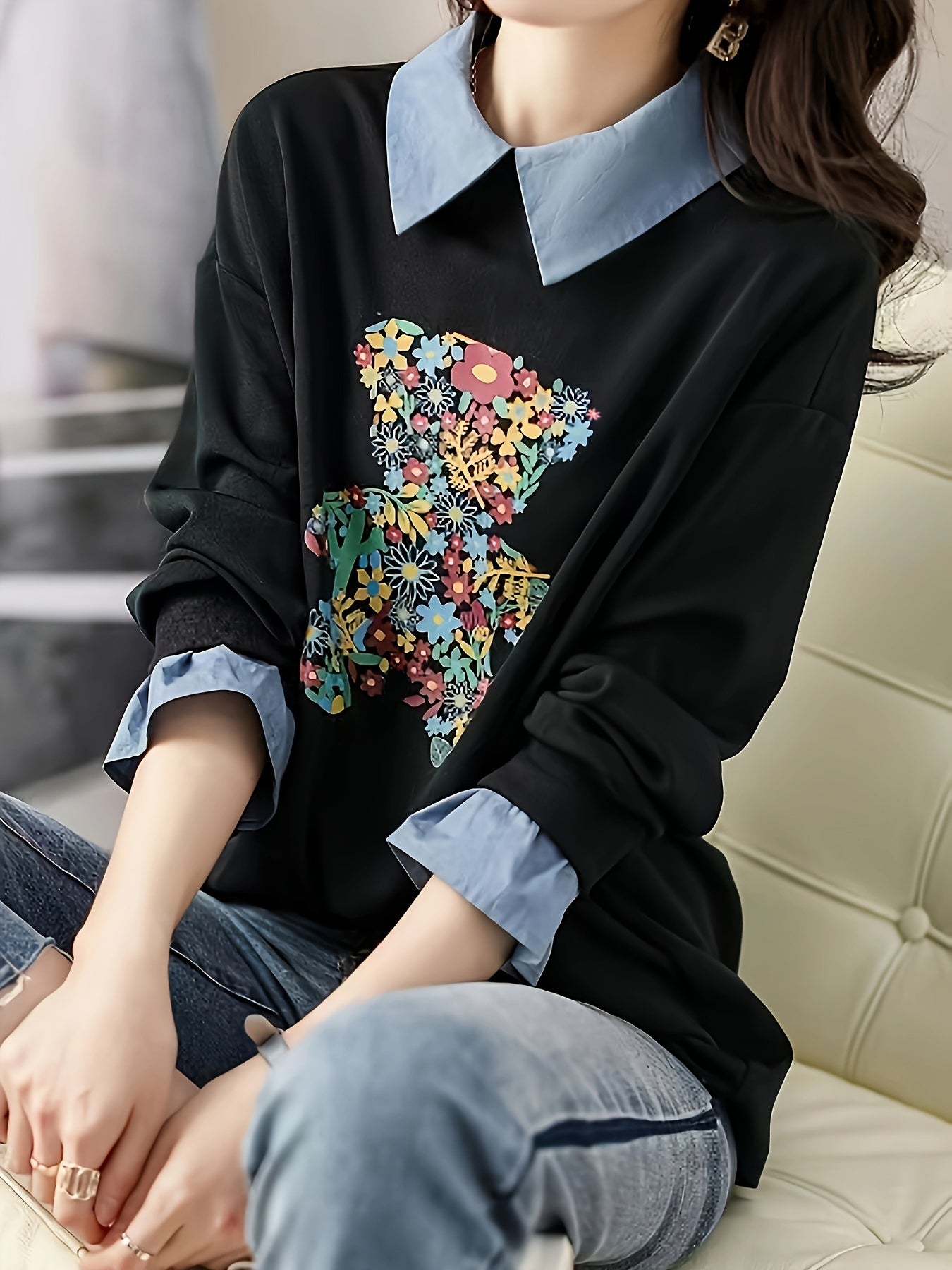 vlovelaw Bear Pattern Faux Twinset Sweatshirt, Casual Long Sleeve Lapel Sweatshirt, Women's Clothing