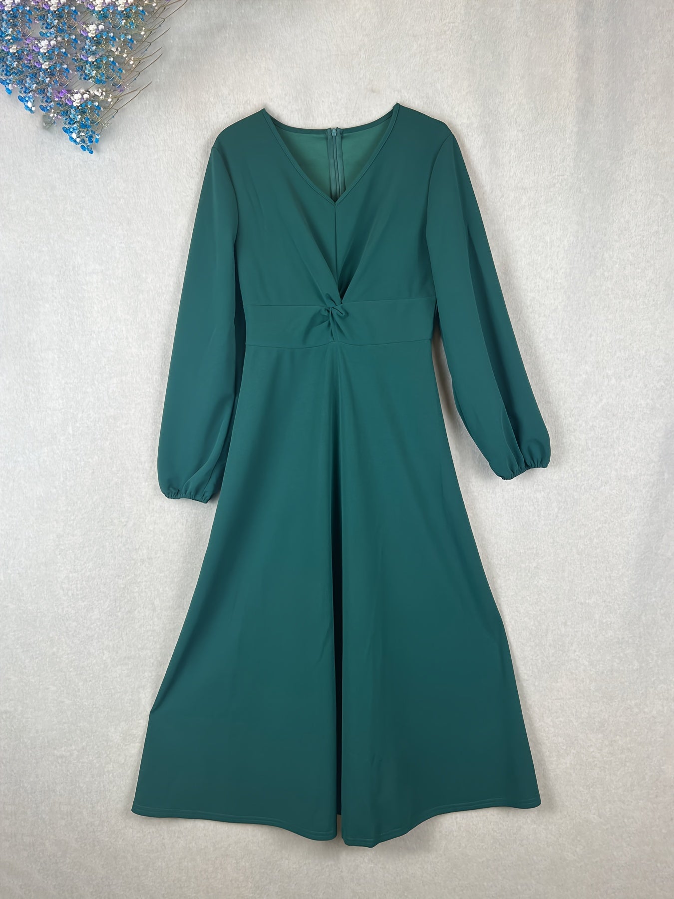 vlovelaw Twist Front Lantern Sleeve Dress, Chic V Neck A-line Dress For Spring & Fall, Women's Clothing