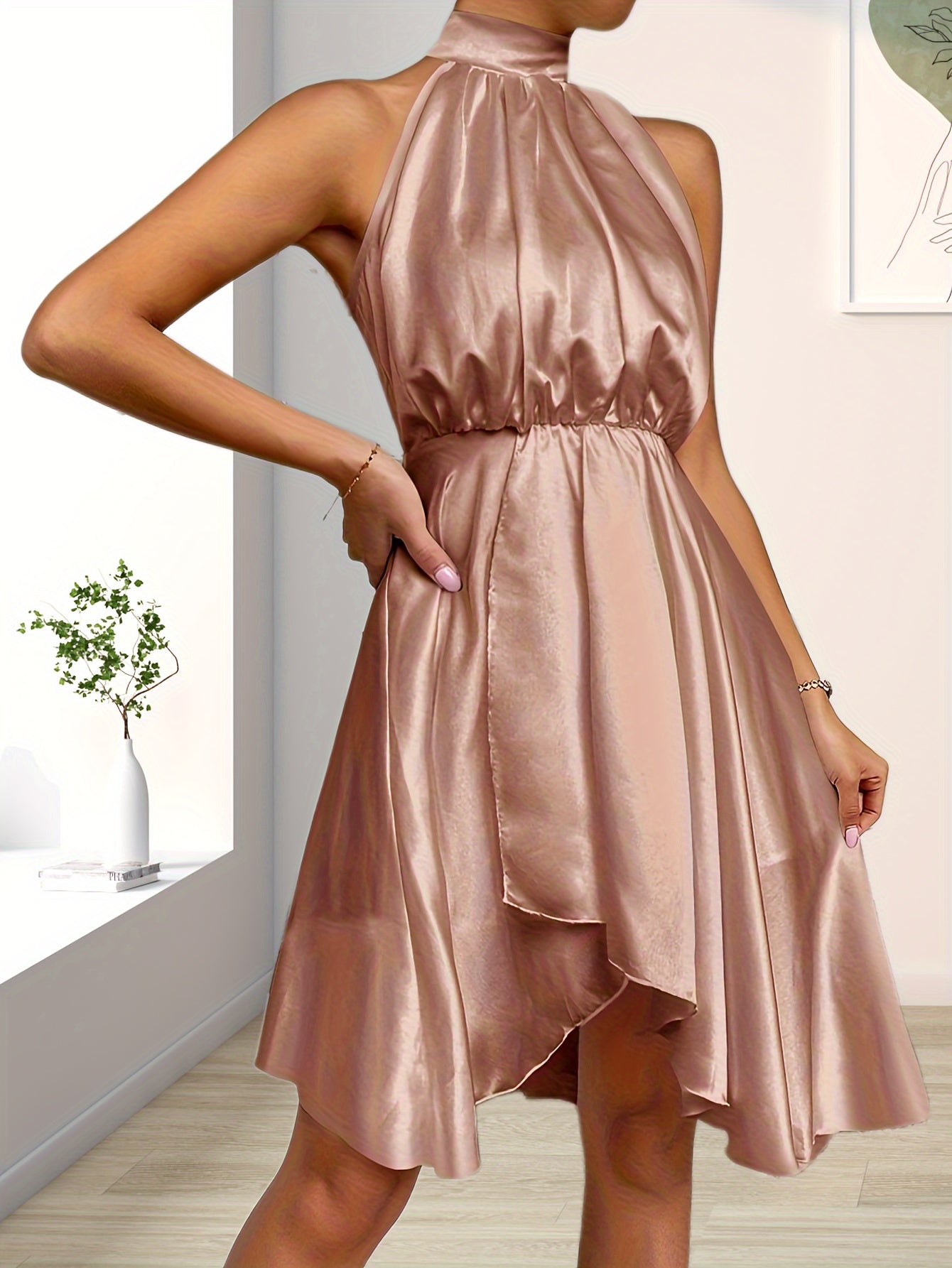 Cinched Waist Sleeveless Dress, Solid Tie Back Asymmetrical Hem Dress, Women's Clothing