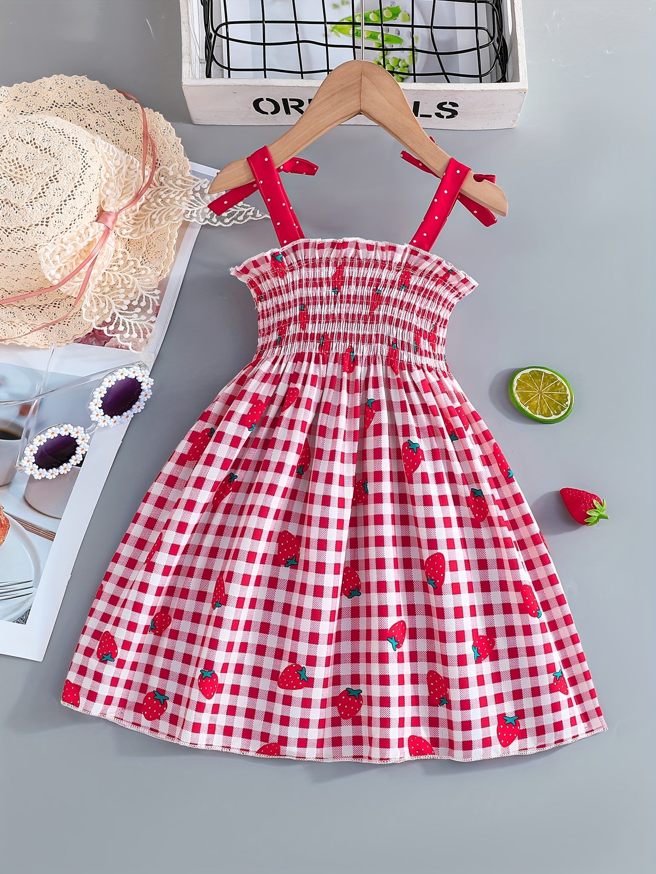 Adorable Sleeveless Strawberry Plaid Print Umbrella Skirt Dress for Girls - Cute Bow Straps, Slight Stretch Fabric, Flared Hem, Regular Fit, Perfect for Summer Holiday Party