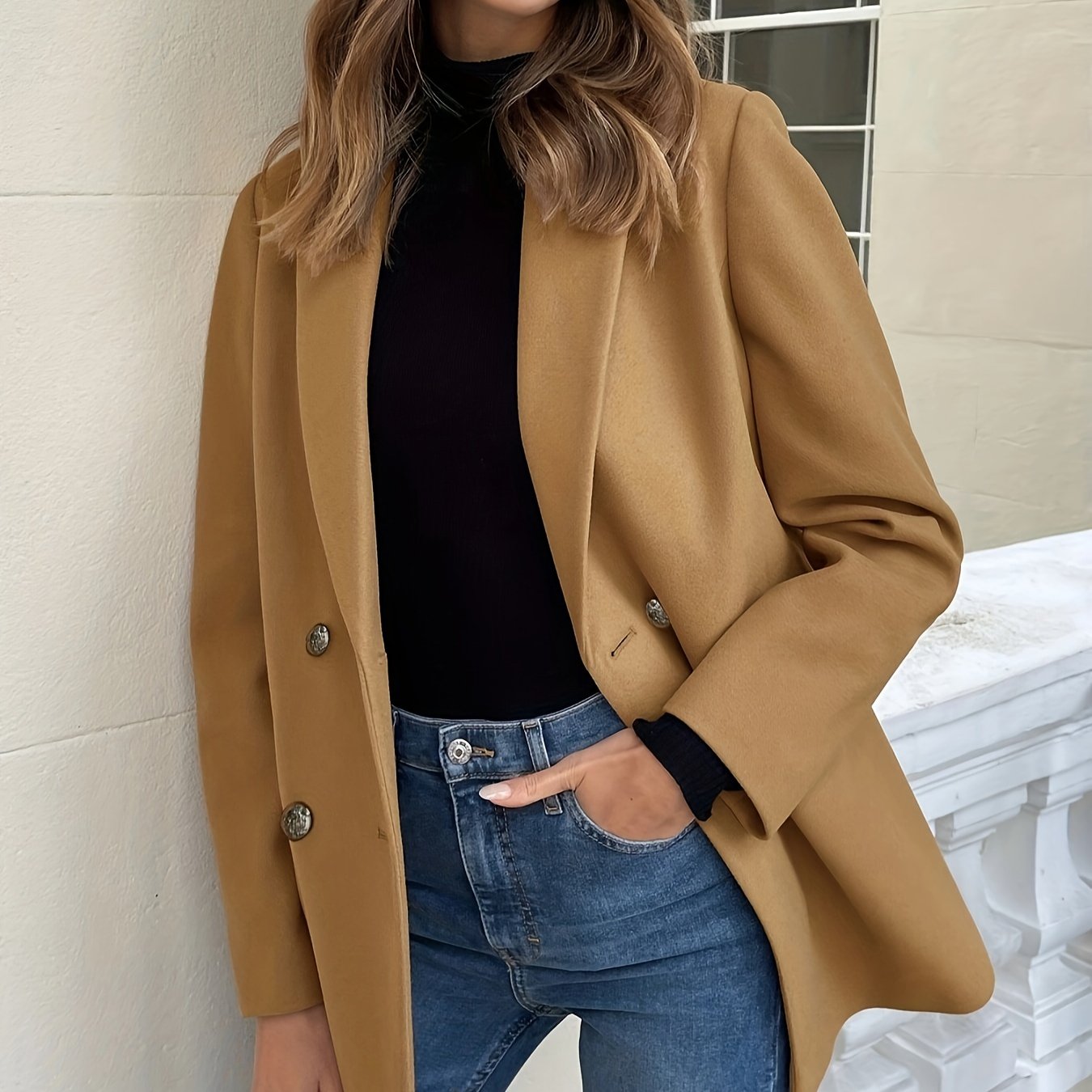 Double Breasted Lapel Blazer, Casual Solid Long Sleeve Outerwear, Women's Clothing