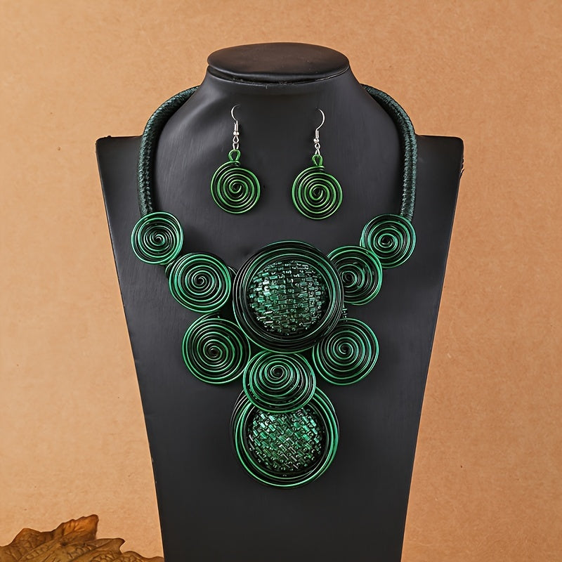 1 Pair Of Earrings + 1 Necklace Boho Style Jewelry Set Exaggerated Spiral Design Pick A Color U Prefer Match Daily Outfits Party Accessories