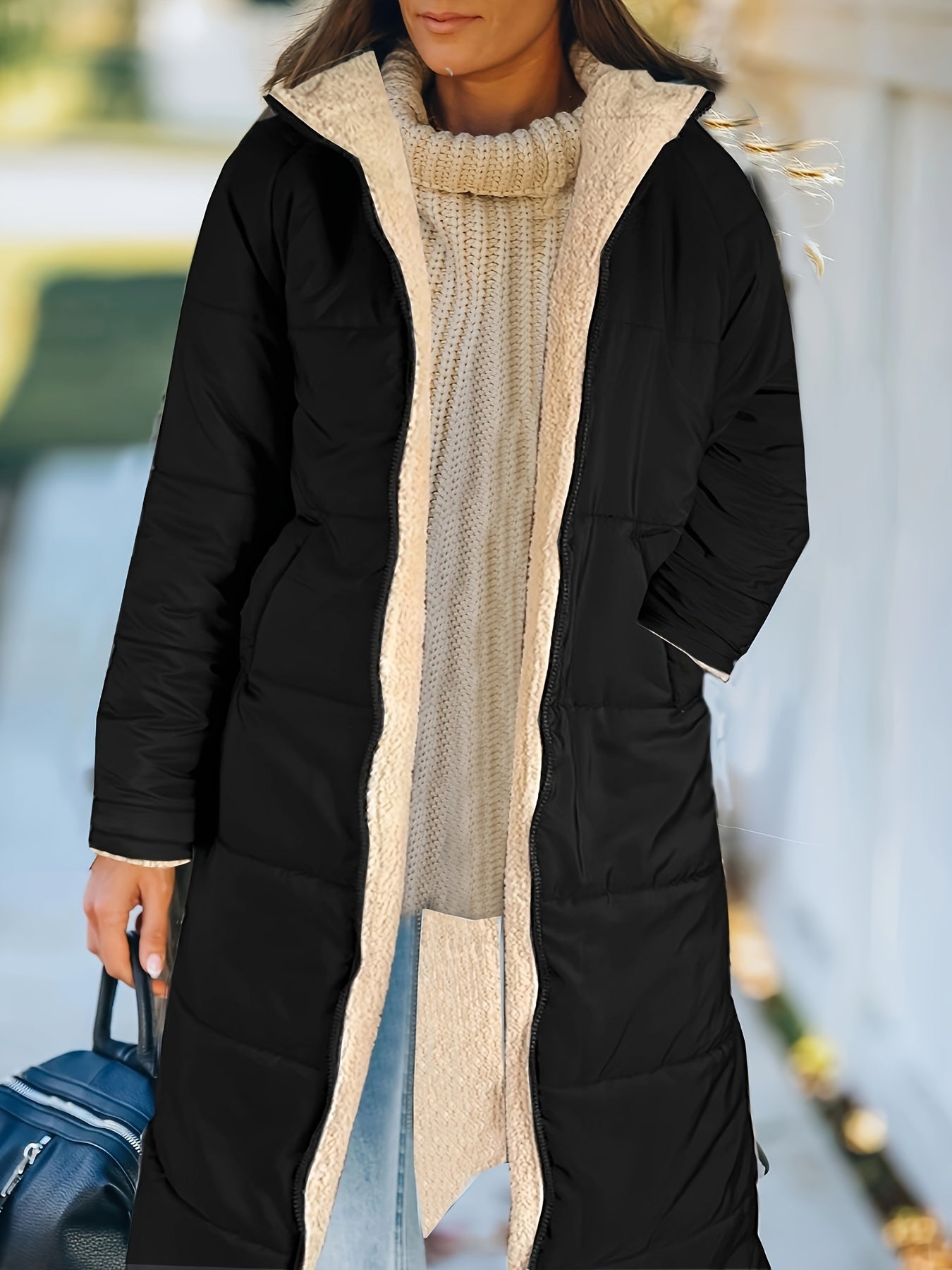 vlovelaw Zipper Front Color Block Coat, Versatile Long Sleeve Thermal Winter Outwear, Women's Clothing